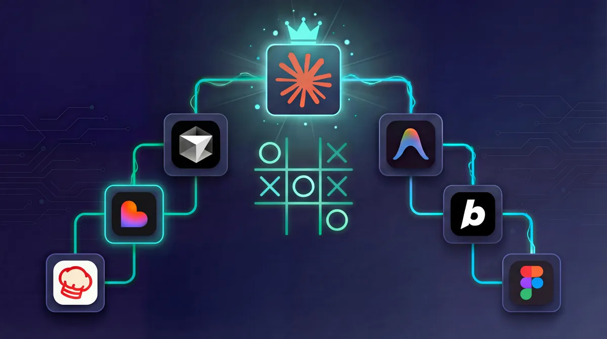 AI coding tools tournament bracket with Claude Code as winner, showing logos for Cursor, Lovable, Bolt, Antigravity, Convex Chef, and Figma around a tic-tac-toe grid