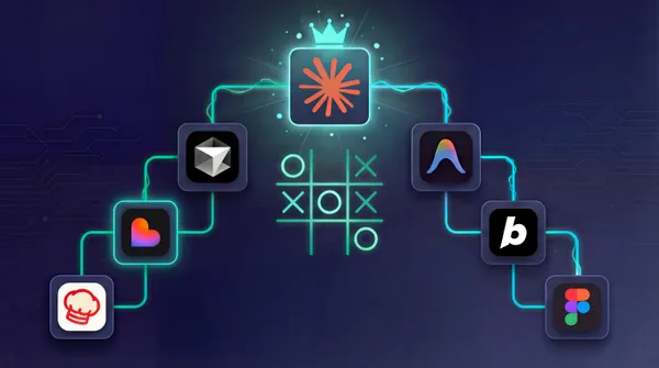 AI coding tools tournament bracket with Claude Code as winner, showing logos for Cursor, Lovable, Bolt, Antigravity, Convex Chef, and Figma around a tic-tac-toe grid